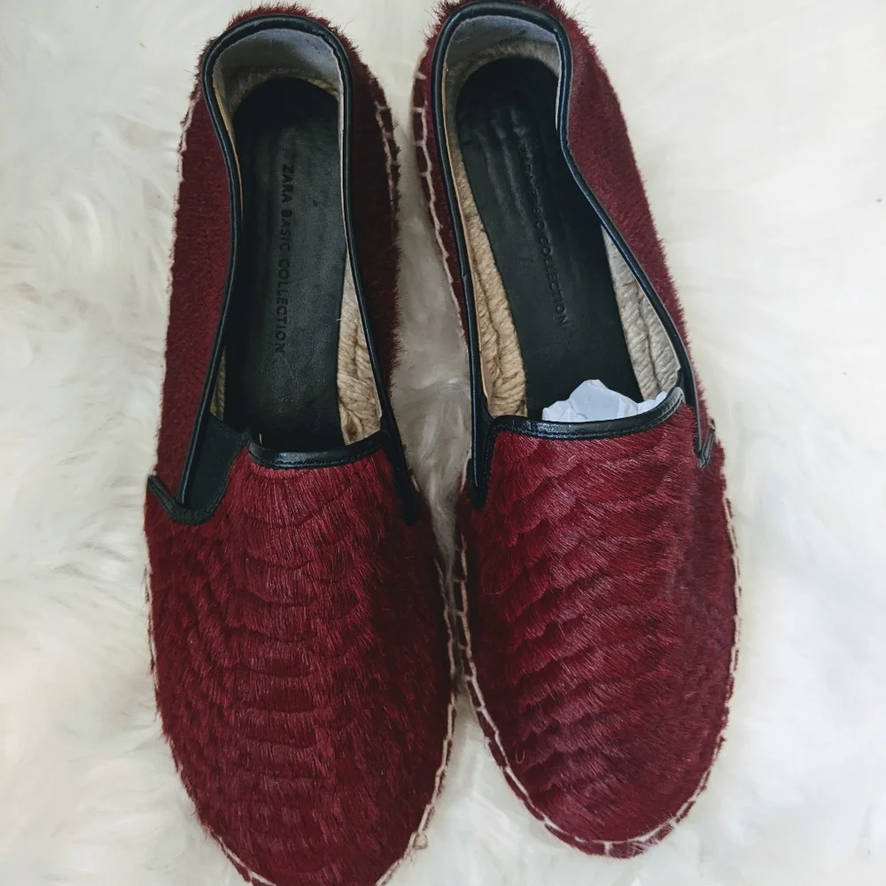 ZARA Burgundy Ponyhair Espadrilles Sneaker Loafers 7.5 Pony Hair Calf Snake